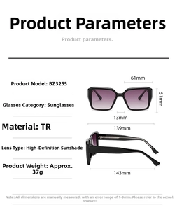 Detailed size specifications for BZ3255 square sunglasses with frame dimensions