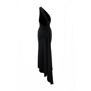 Detail of black one-shoulder dress showing elegant ruched back and long flowing sash detail