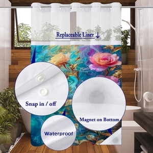 Detail eines wasserfesten Duschvorhangs mit Einknöpf-Futter und Magneten an der Unterseite