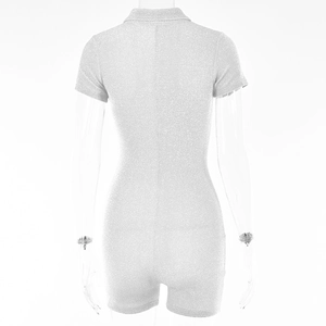 Rear view of silver glitter short sleeve romper featuring a turn-down collar and slim fit