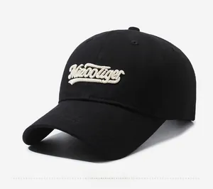 Detailed close-up of HizooTiger 3D white embroidery on a black cotton baseball cap
