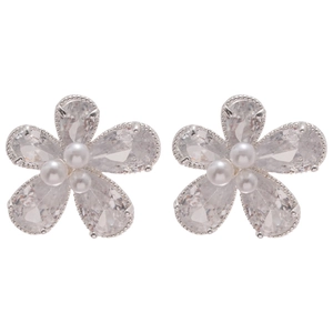 Elegant silver flower stud earrings featuring teardrop zircon petals and white pearls