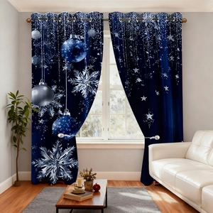 Close-up of deep blue Christmas curtains with silver snowflakes and metal grommet rings