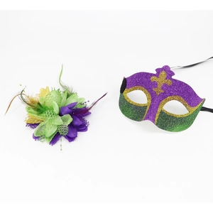 Mardi Gras masquerade mask set with purple green and gold feathers and glitter finish