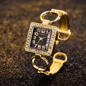 Elegant gold square watch for women with rhinestone-encrusted open cuff bracelet and black dial