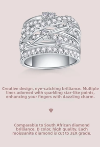 Close-up of S925 silver wave ring with D-color 3EX moissanite stones and micro pavé