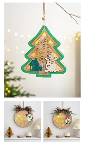 Close-up of glowing wooden Christmas tree pendant and hanging plaques with Santa and Gnome