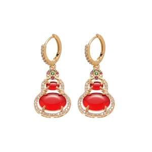 14k gold plated hulu gourd drop earrings with red stone and cubic zirconia inlay