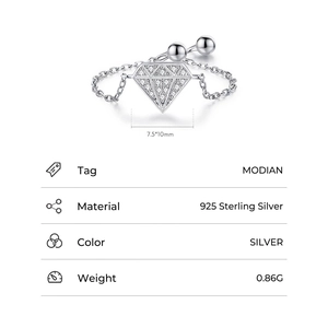 925 Sterling Silver chain ring featuring a diamond-shaped centerpiece with micro zircons