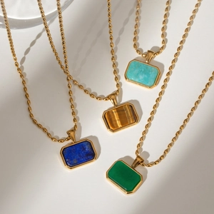 Vintage 18K Gold Plated Stainless Steel Necklace Natural Tiger Eye Stone Rectangular Pendant Jewelry For Women Daily Accessory