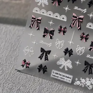 5D embossed nail art stickers featuring pink and black bows with star patterns TS-3490