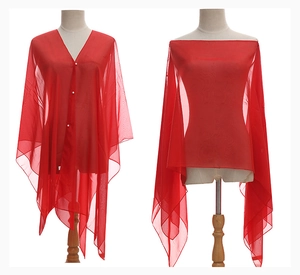 Front and back view of a sheer red summer shawl featuring elegant white pearl button details