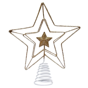 Detailed view of glittering gold star tree topper with a sturdy white spring base