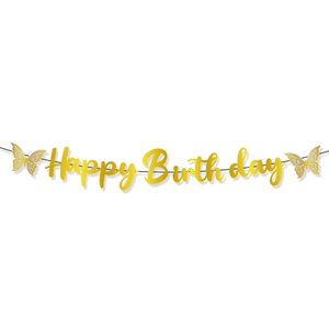 Golden Happy Birthday banner with elegant hollow butterfly accents for party decoration