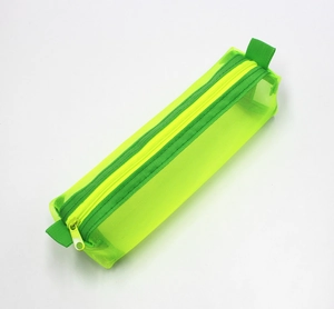 Macro detail of a neon green mesh pencil case showing breathable grid texture and zipper