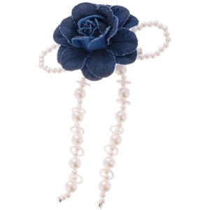 Blue denim rose hair clip with white pearl tassels and vintage bow design on white background