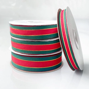 Christmas red green and gold striped grosgrain ribbon rolls for gift wrapping decoration