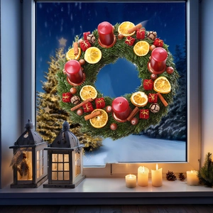 Detailed Christmas wreath with red candles, orange slices and pine needles hanging on a window
