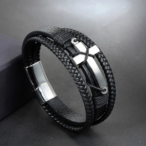 Men's retro multilayer black braided leather bracelet with silver metal cross and magnetic clasp