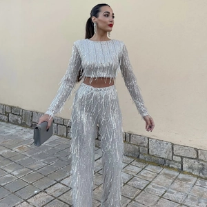 Silver sequin fringe set with long sleeve crop top and wide leg pants for party wear