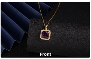 Detailed front view of a gold necklace with a square purple zircon pendant in a halo setting