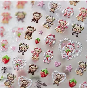 Detailed macro view of 3D embossed Lolita Bear nail art stickers with cute 3D textures