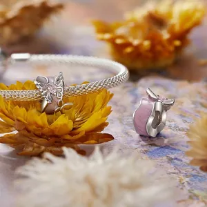 S925 sterling silver butterfly charm bracelet with pink enamel and sparkling heart zircon