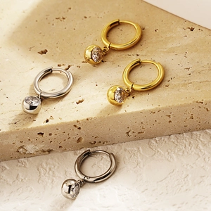 Stainless Steel Hoop Earrings With Round Zirconia Pendant Fashion Trendy Non Fading Geometric Jewelry For Women