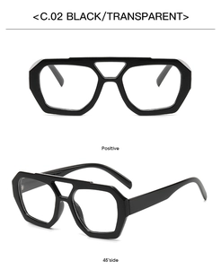 Macro view of black chunky irregular frames with double bridge and transparent lenses