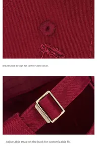 Detail of burgundy baseball cap showing breathable eyelets and metal buckle strap