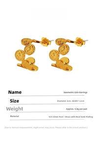 Detail view of 2cm vintage coin earrings showing size and gold-plated brass texture