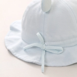 Light blue cotton baby sun hat with cute ears and bow detail for spring and summer