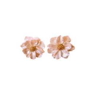 Elegant pink floral stud earrings with pearlescent petals and golden stamens