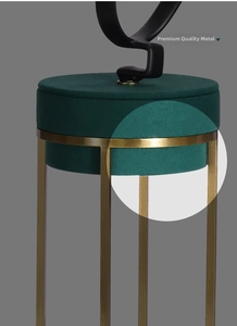 Close-up of luxury dark green velvet watch display stand with gold metal frame