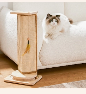 Vertical sisal cat scratcher post with wooden ball track and natural feather toy detail