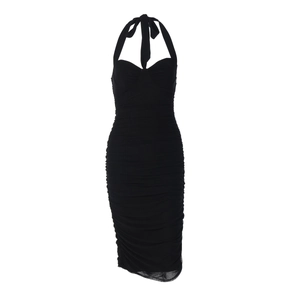 Detail of ruched texture and halter neck design on a sexy slim fit black mini dress