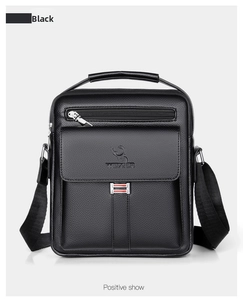 Detailed view of WEIXIER black leather messenger bag with top handle and logo buckle