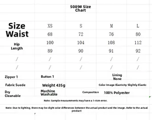 Detailed size chart and fabric composition for suede hollow hem jacket and pants set