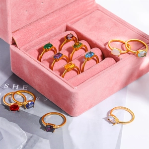 Stainless Steel Birthstone Ring For Women With Colorful Oval Cubic Zirconia 18K Gold Plated Vintage Elegant Finger Jewelry