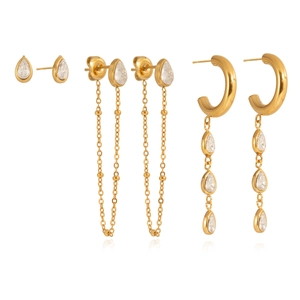 Three-piece gold titanium steel earring set with pear-cut cubic zirconia and tassel chains