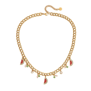 Gold chain necklace with colorful watermelon pendants and crystal beads on white background