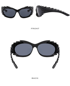 Three-way view of black futuristic avant-garde sunglasses with sleek streamlined side wings