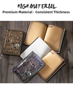 Macro detail of 3D embossed vintage notebook cover with medieval armor and sword motifs