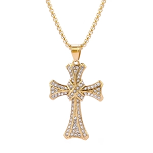 Vintage punk gold-plated cross pendant necklace with sparkling white rhinestones