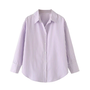 Close-up of purple and white striped poplin shirt with horizontal striped cuff detail