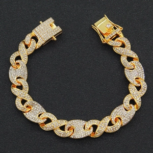 Hip hop gold plated pig nose link bracelet with sparkling cubic zirconia stones