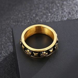 Men's punk skull ring in gold and black stainless steel with vintage floral relief