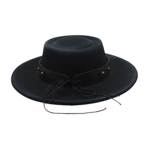 Classic flat top black wool felt hat with studded leather band and string detail