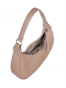 Detail view of the crescent hobo bag showing the zipper closure and patterned lining