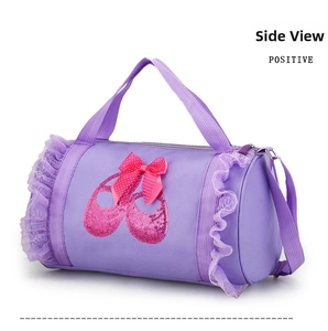 Detail of pink sequin ballet shoes and bow on a purple cylinder dance bag for girls